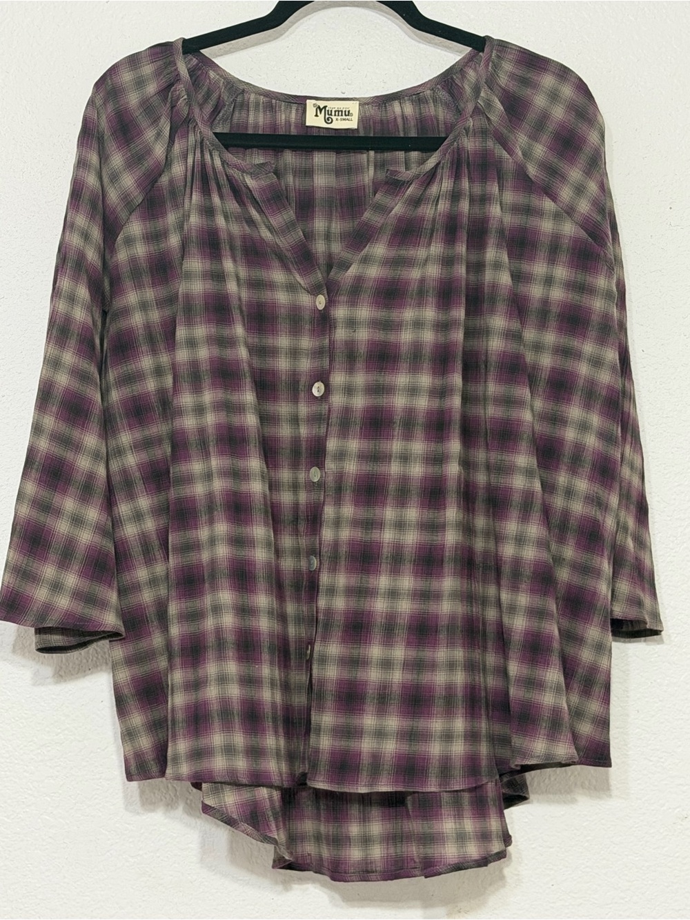 Show Me Your Mumu Purple Plaid Flowy Bell Sleeve Blouse — XS